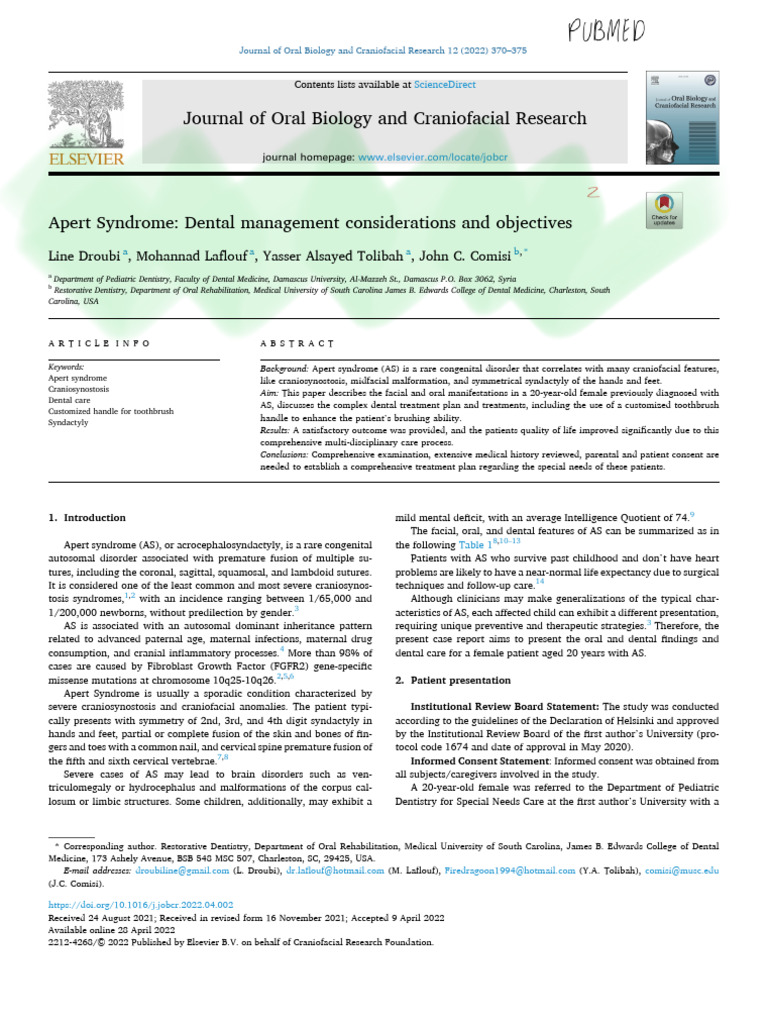 Dental Care for Apert Syndrome Patients | PDF | Oral Hygiene | Human Tooth