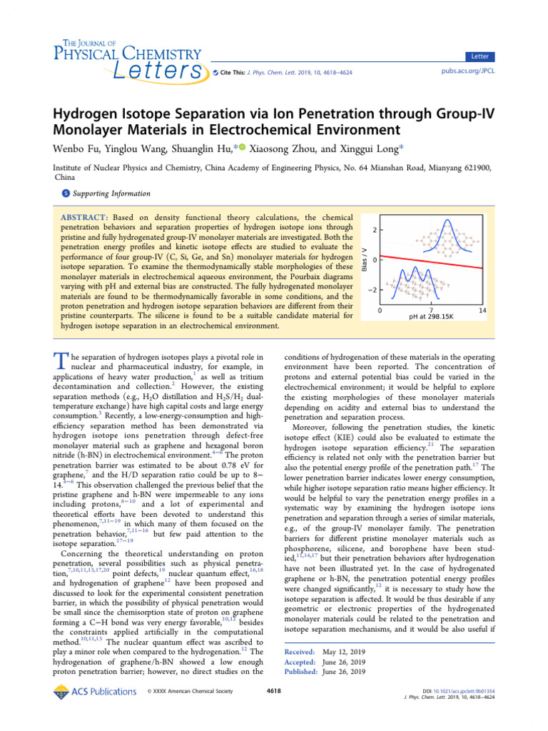 Hydrogen Isotope Separation in Monolayers | PDF | Graphene | Proton