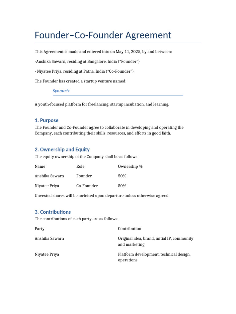 Founder CoFounder Agreement | PDF | Mediation | Startup Company