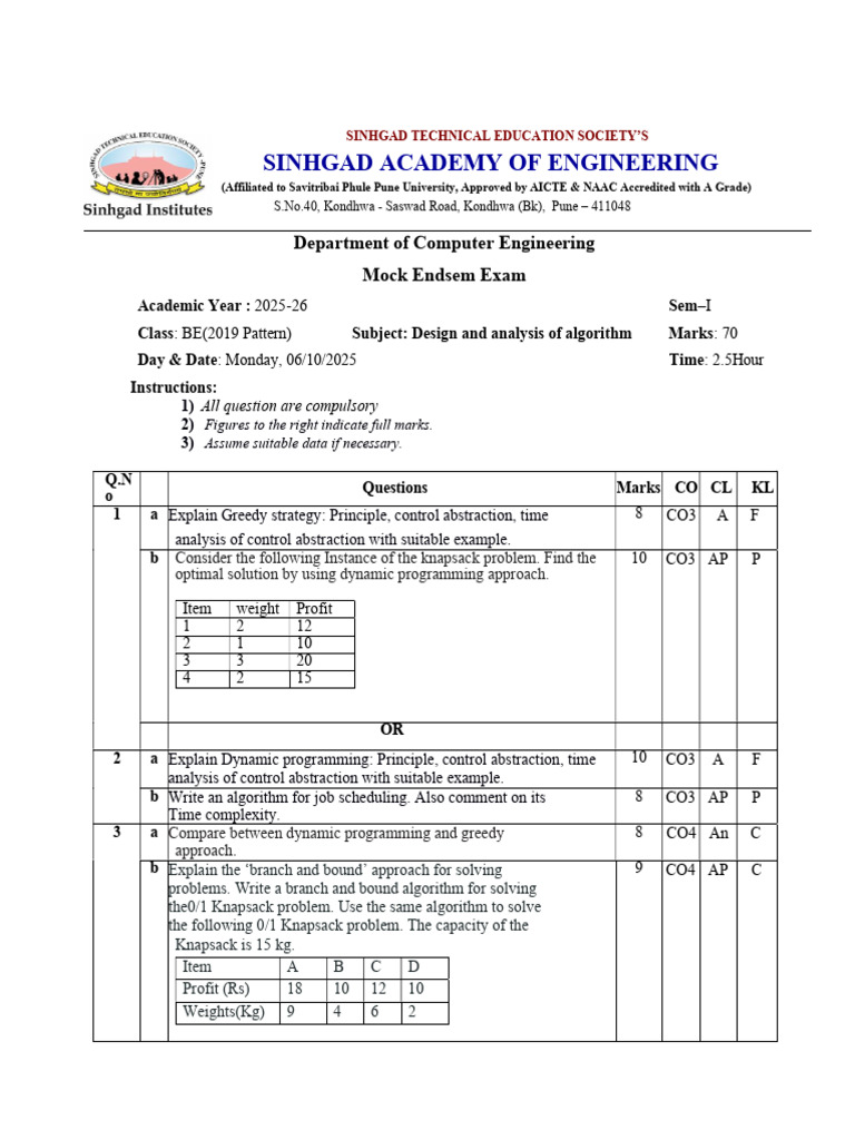 Daa Mock Endsem QP - 251006 - 090106 | PDF | Algorithms | Computing