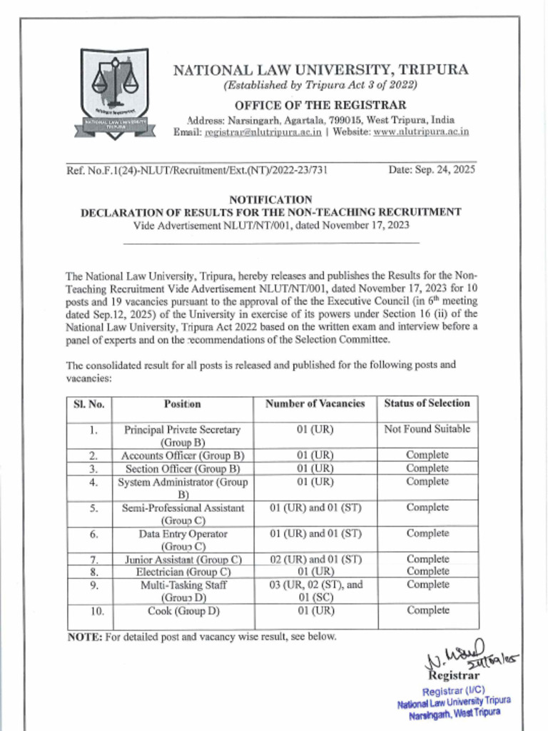 NonTeaching Recruitment Result Declaration NLUT 24092025 | PDF