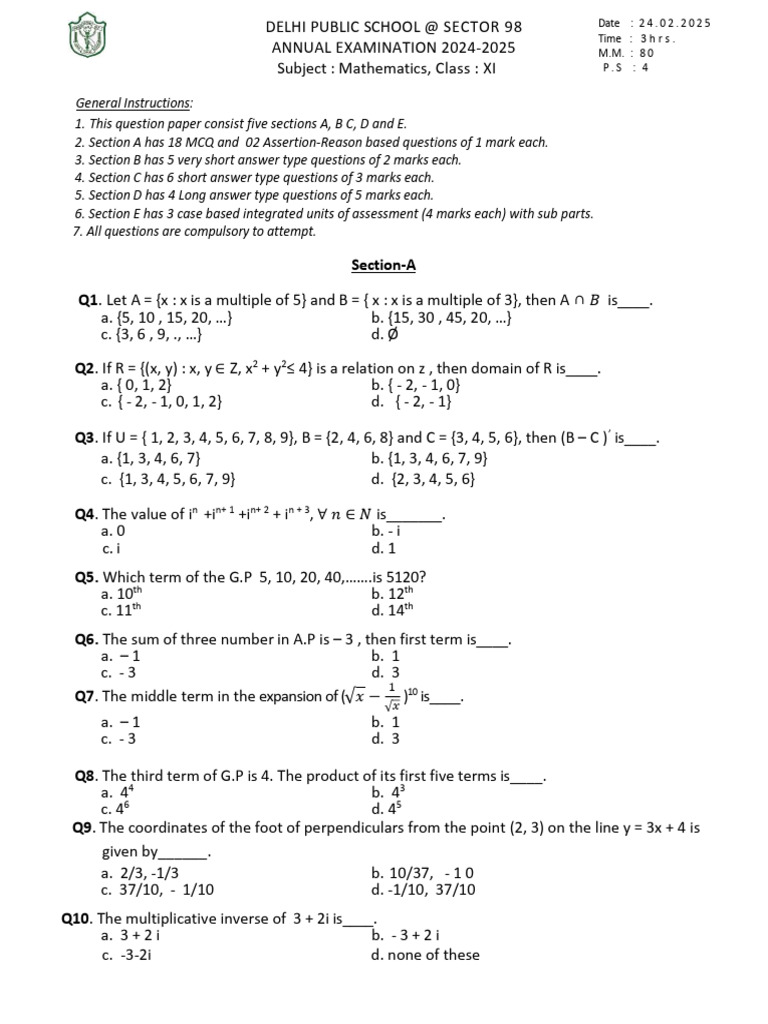 Class XI Mathematics Exam Paper 2024-25 | PDF | Mathematics