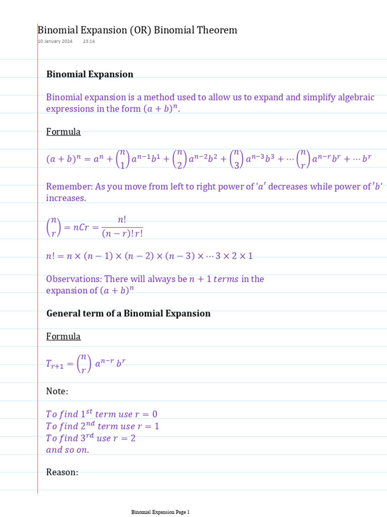 Binomial Expansion (Or) Binomial Theorem Further Maths AQA | PDF