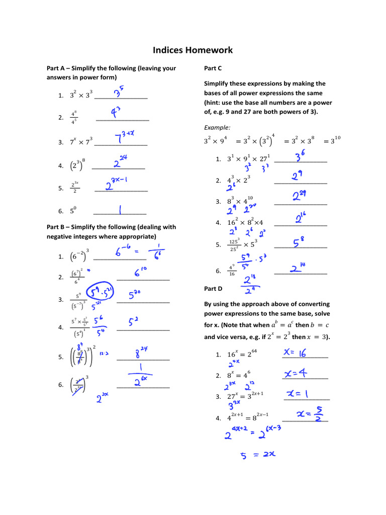 Indices Homework: Simplification Exercises | PDF | Mathematics ...