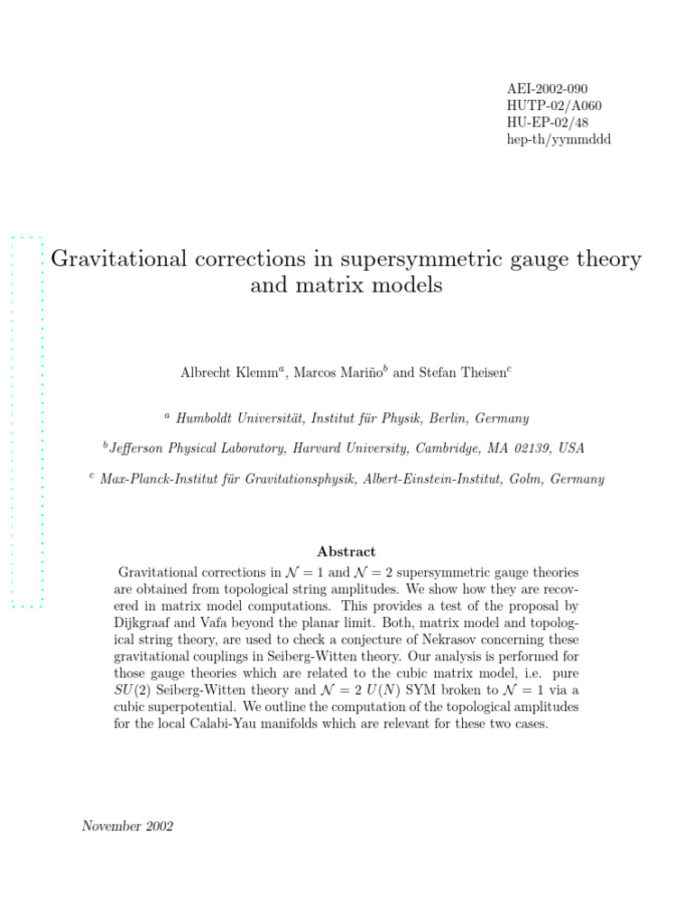 Gravitational Corrections in Supersymmetric Gauge Theory | PDF | String ...