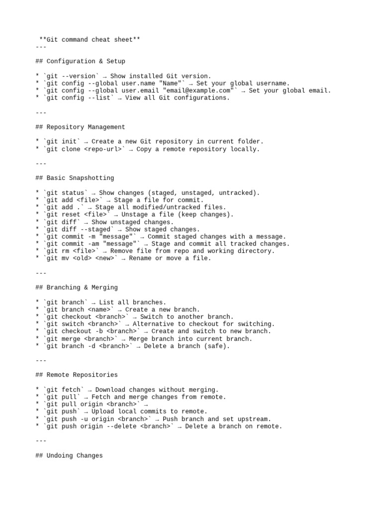 Git Commands Cheat Sheet | PDF | Computer File | Computing Platforms