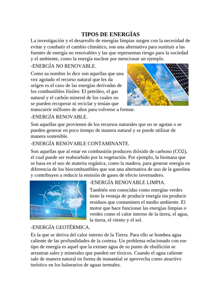 Tipos de Energías: Renovables y Limpias | PDF | Energía renovable ...