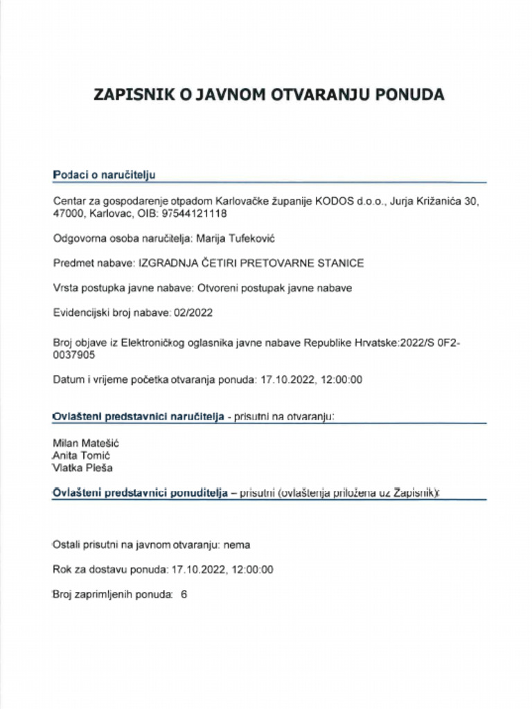 Zapisnik o Javnom Otvaranju Ponuda | PDF