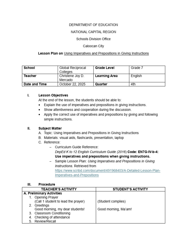 Imperatives and Prepositions Lesson Plan | PDF | Lesson Plan | Teachers