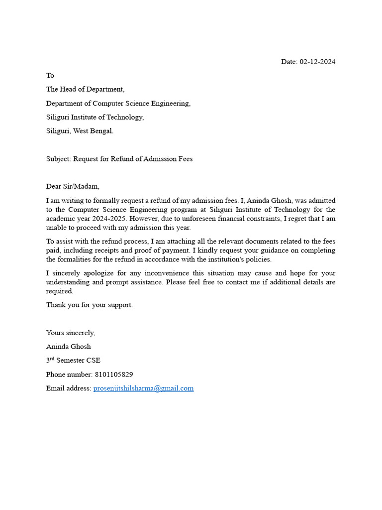 Admission Fee Refund Request Letter | PDF