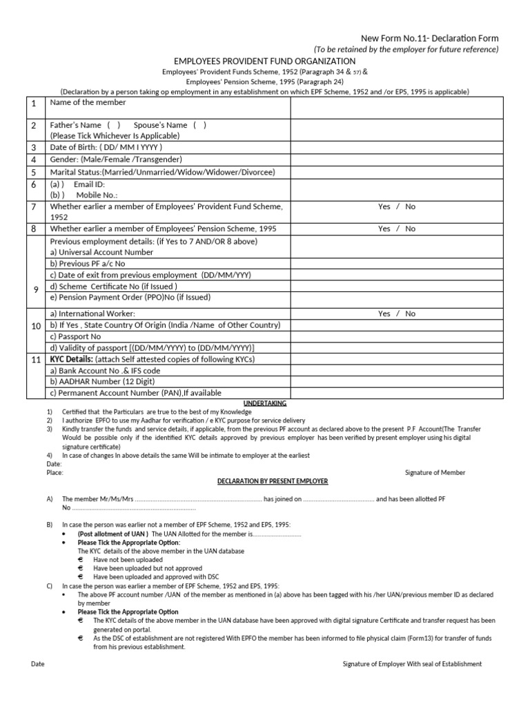EPF Declaration Form No. 11 Guide | PDF