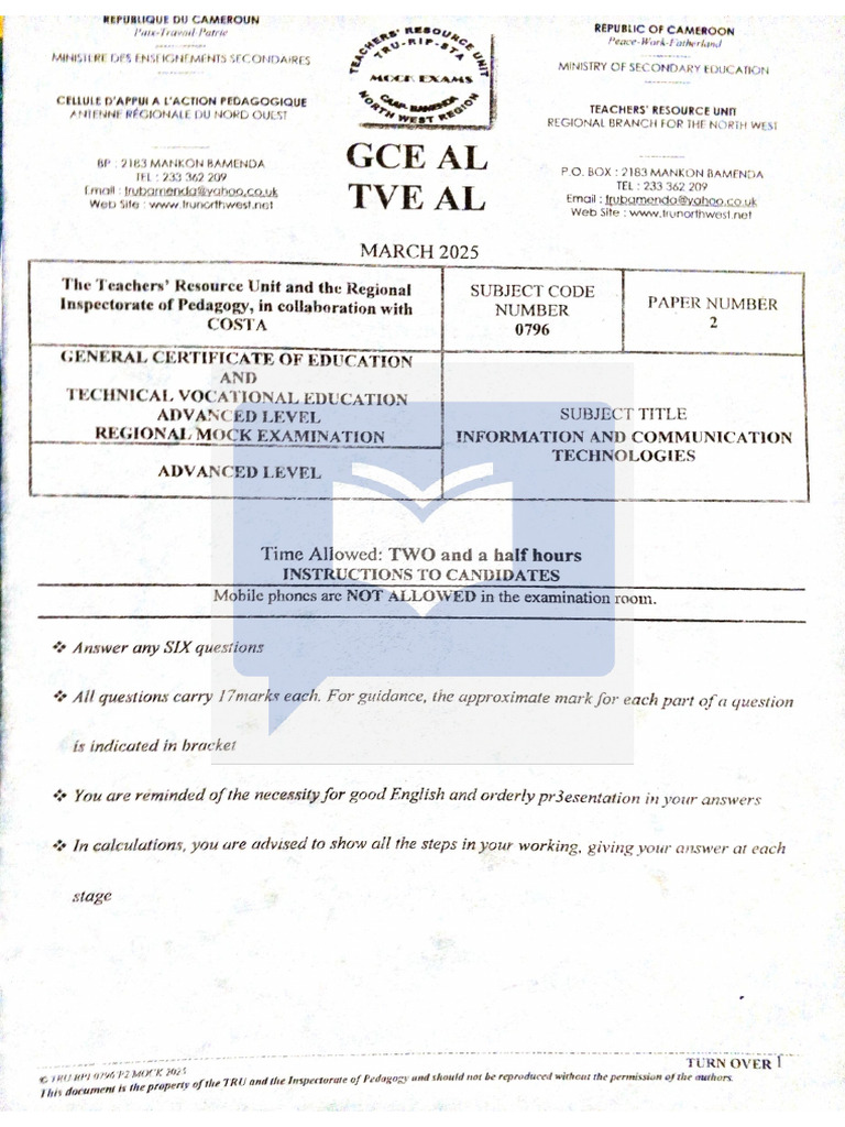 GCE Advanced Level ICT Mock Exam 2025 | PDF | Computing
