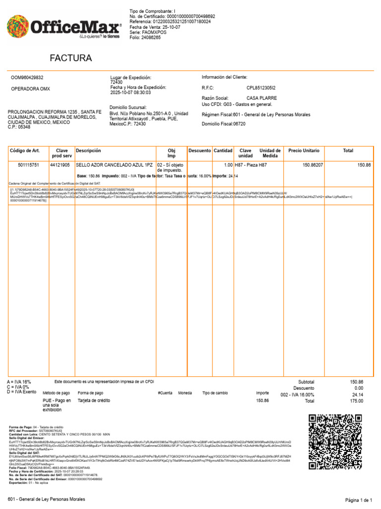 Factura CFDI 175 MXN - Casa Plarre | PDF | Comercio | Economias