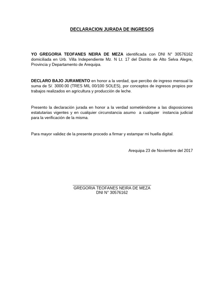 Declaración Jurada de Ingresos Mensuales | PDF