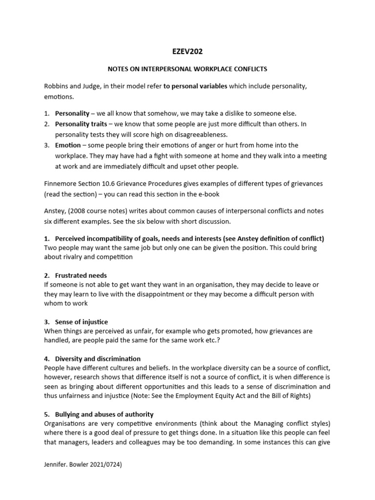 EZEV202 2025 Conflict Lecture 5 Notes On Interpersonal Conflicts | PDF ...