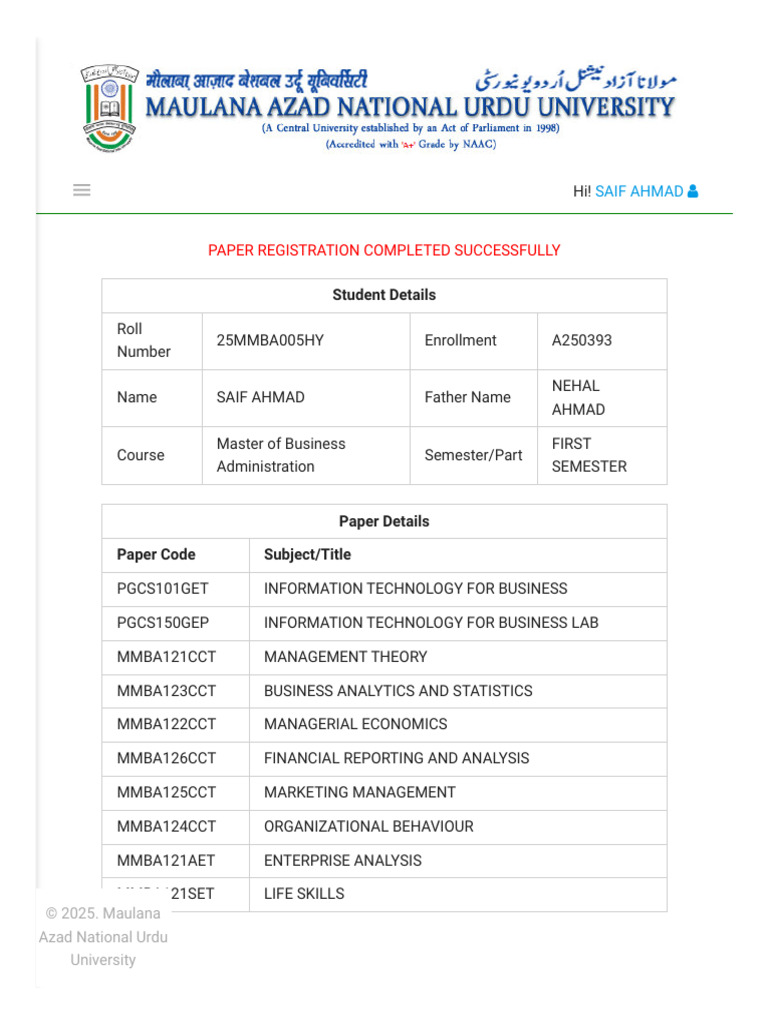 MANUU UMS Student Enrollment Details | PDF