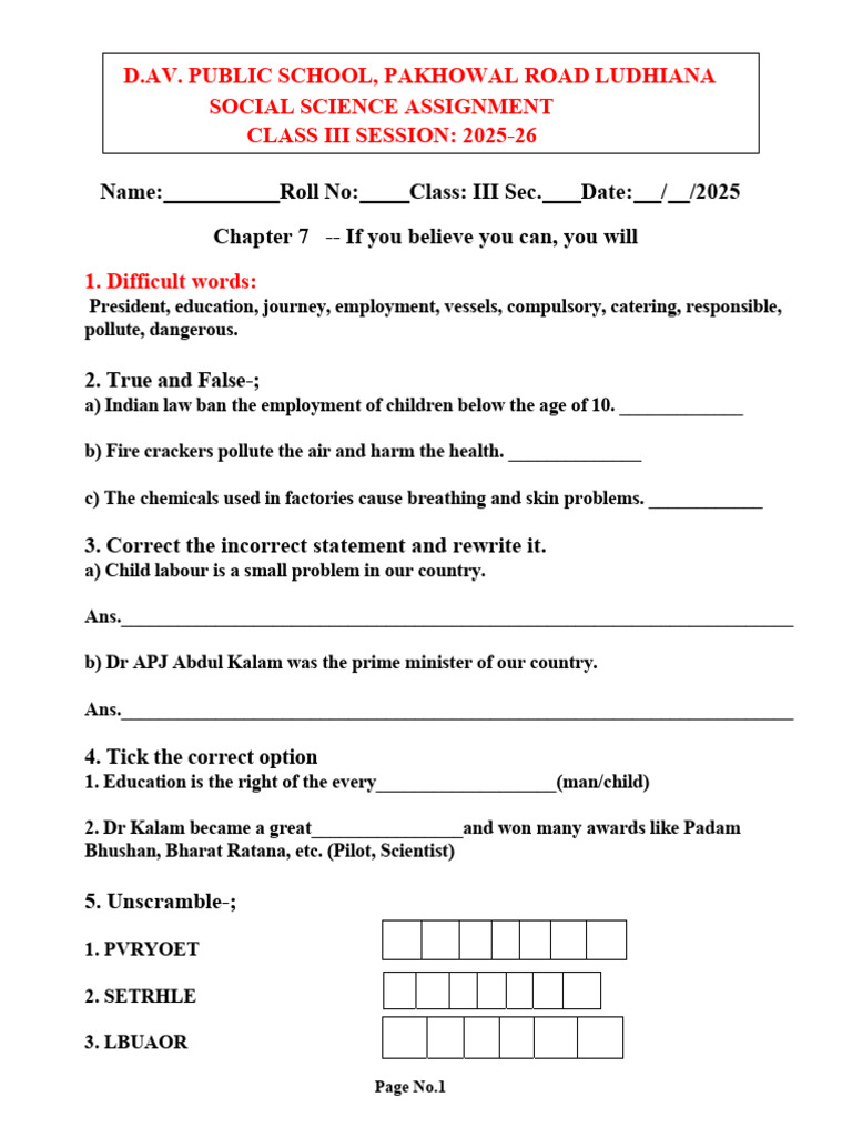 Class III Social Science Assignment | PDF