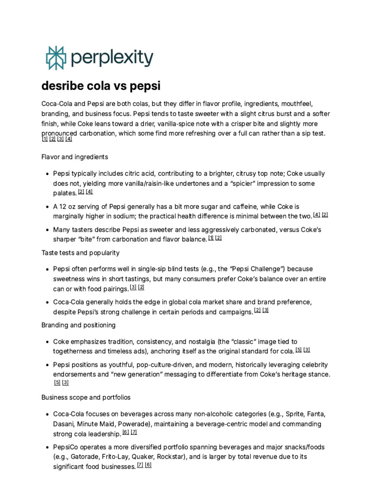 Desribe Cola Vs Pepsi | PDF | Cola | Pepsi Co