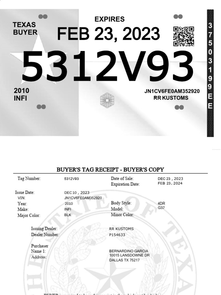 Texas Buyer's Tag Receipt 2023 | PDF