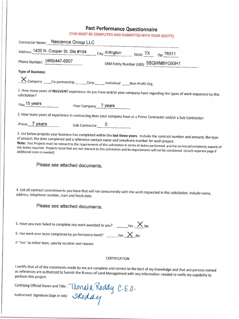 140L3625Q0031 Past Performance Questionnaire | PDF