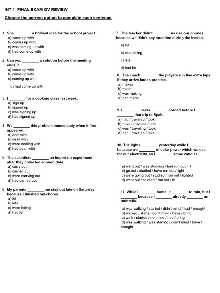 INT 1 Final Exam Grammar Review | PDF | Chess Theory | Chess