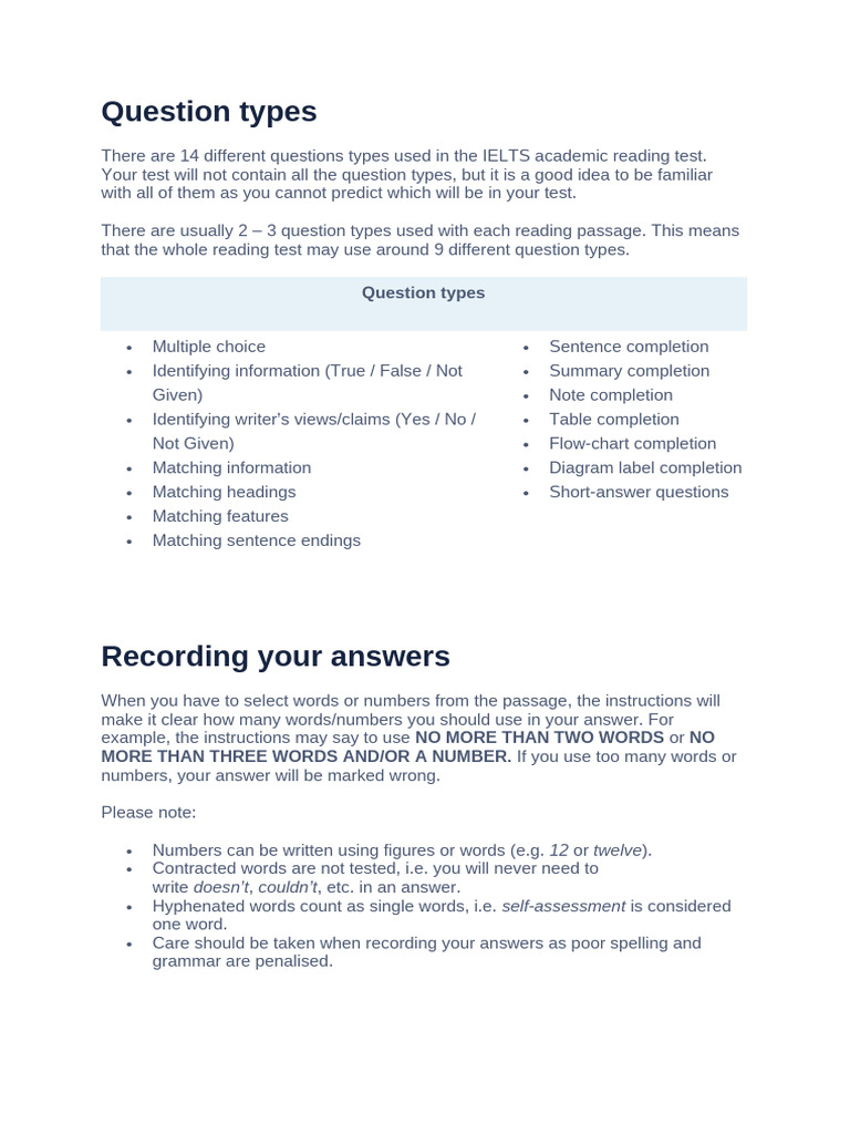 IELTS Reading Test Question Types Guide | PDF | Vocabulary | Adjective