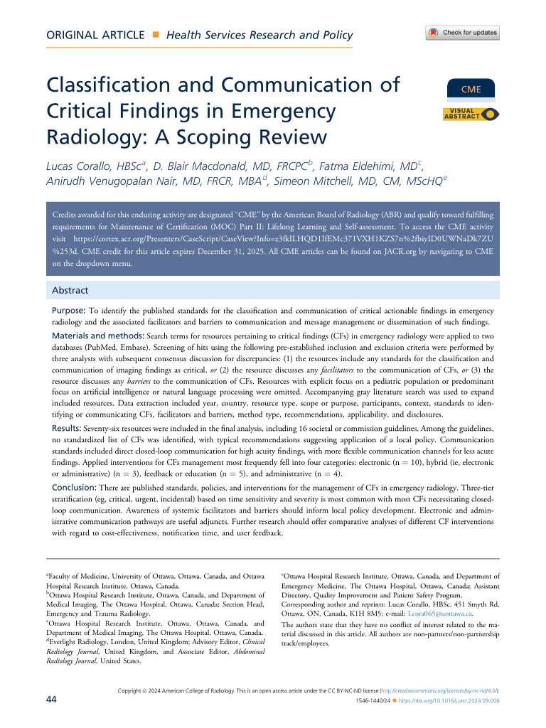 Critical Findings in Emergency Radiology | PDF | Systematic Review ...