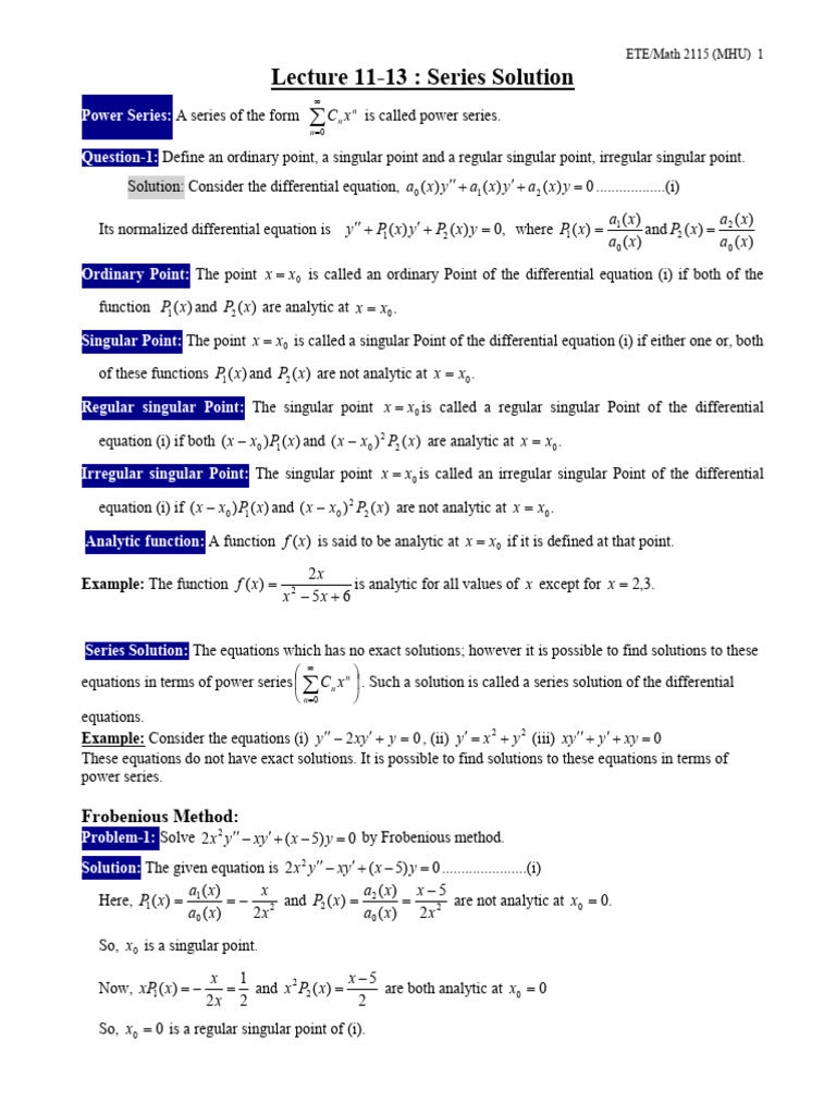 Series Solutions of Differential Equations | PDF | Power Series | Equations