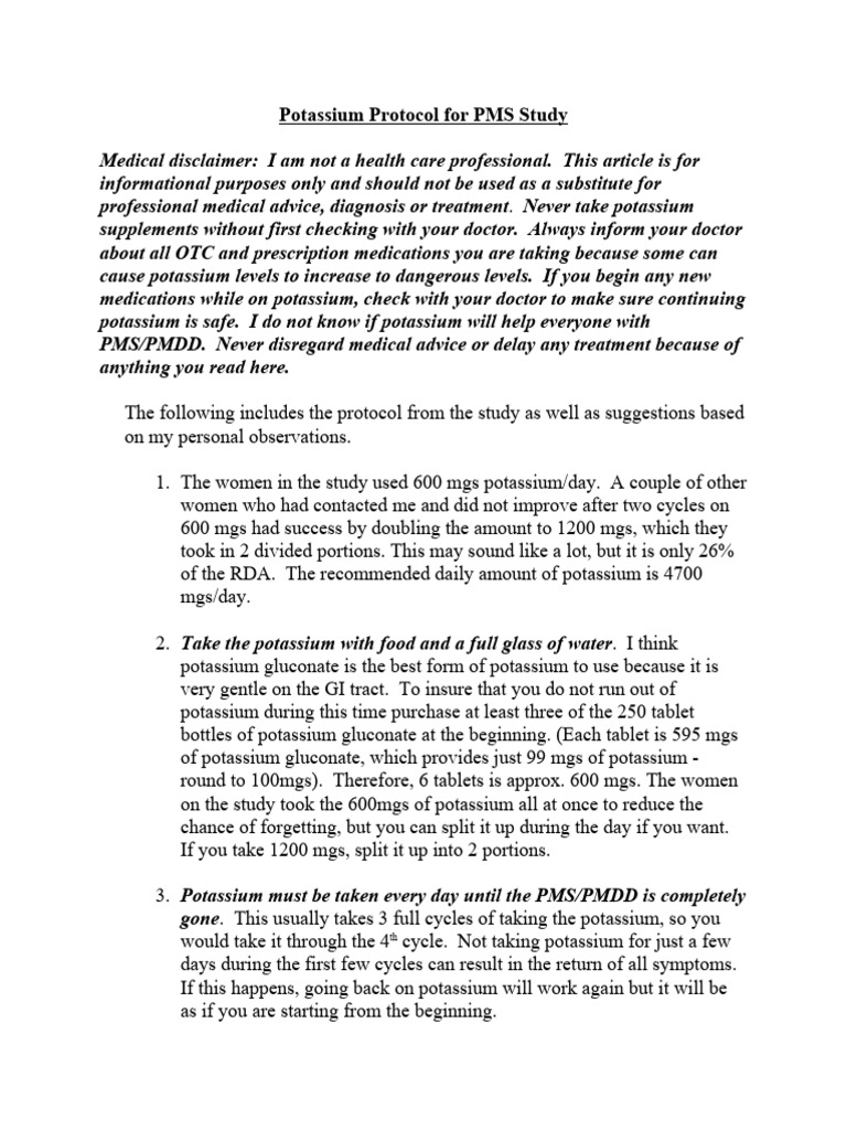 Potassium Protocol For PMS Study | PDF | Premenstrual Syndrome | Calcium