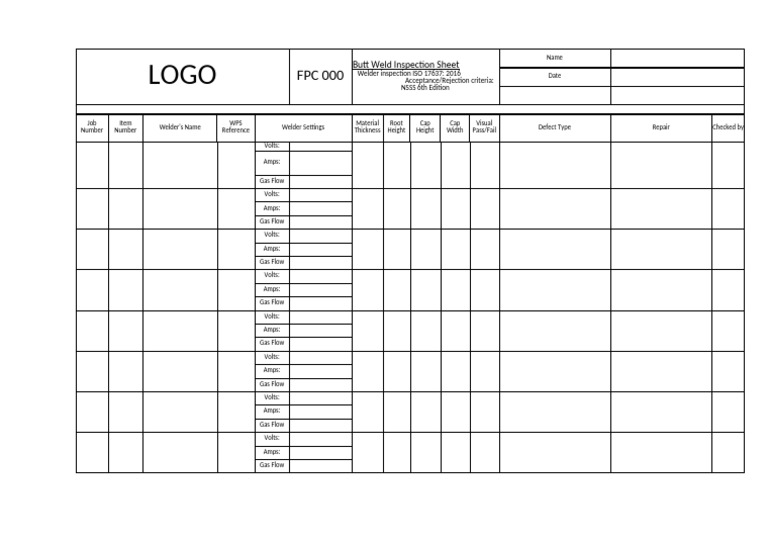 Butt Weld Inspection Sheet Template | PDF