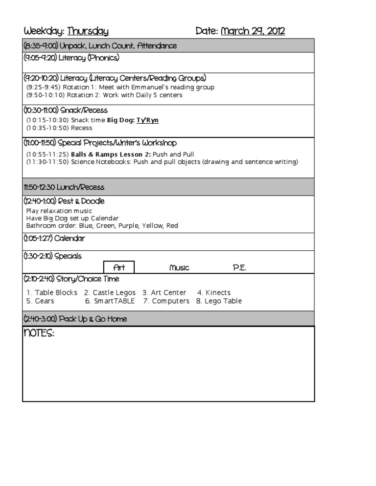Thursday Classroom Schedule & Activities | PDF