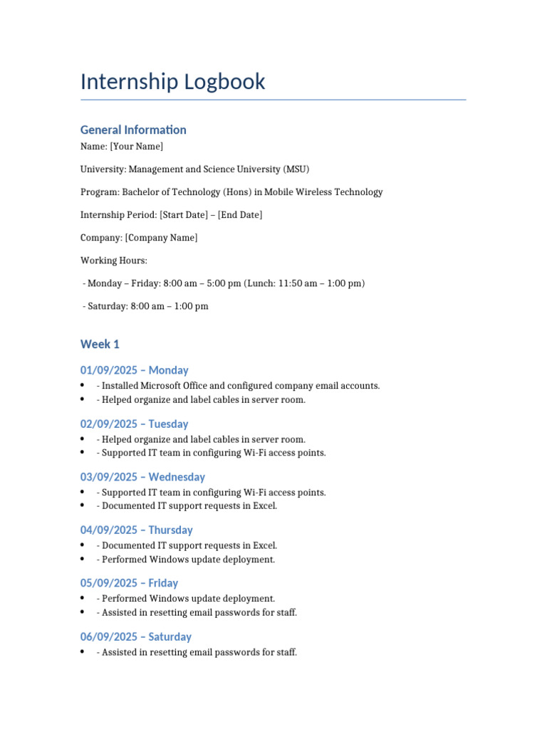 IT Internship Logbook: Weekly Tasks | PDF | Password | Microsoft Excel
