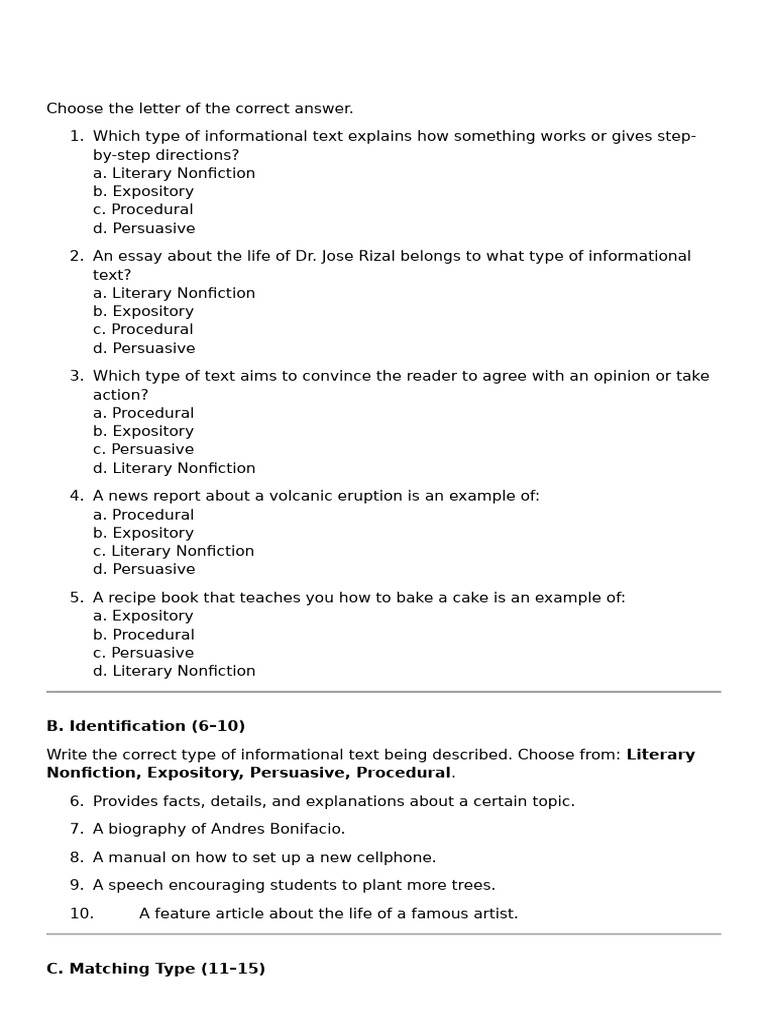 Types of Informational Texts Quiz | PDF