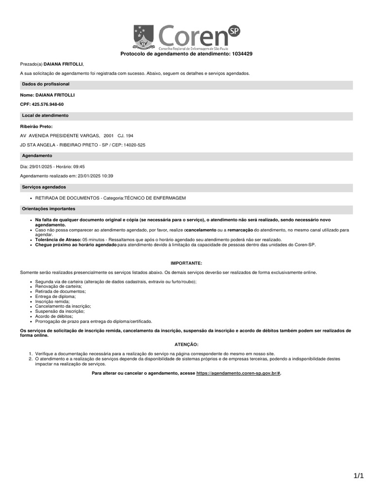 Agendamento de Atendimento Coren-SP | PDF