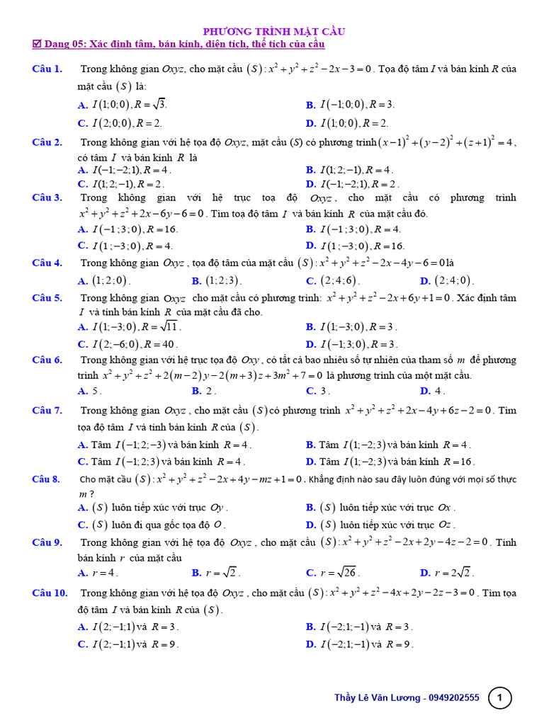 Phuong Trinh Mat Cau BT | PDF