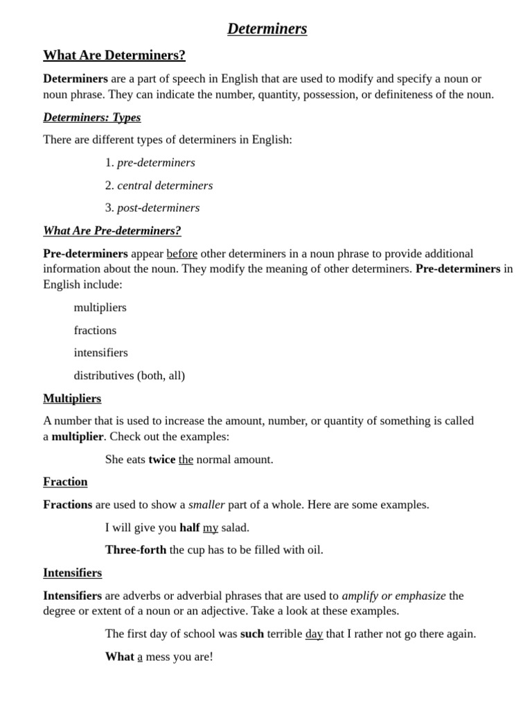 Understanding Determiners in English | PDF | Adjective | Noun