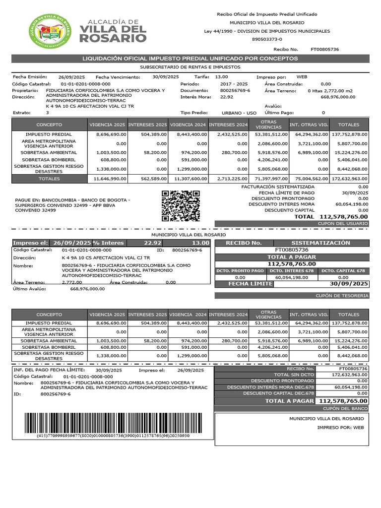 Recibo Impuesto Predial Villa Rosario 2025 | PDF | Dinero