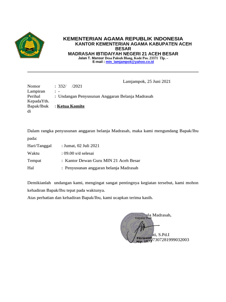 Undangan Penyusunan Anggaran Madrasah | PDF