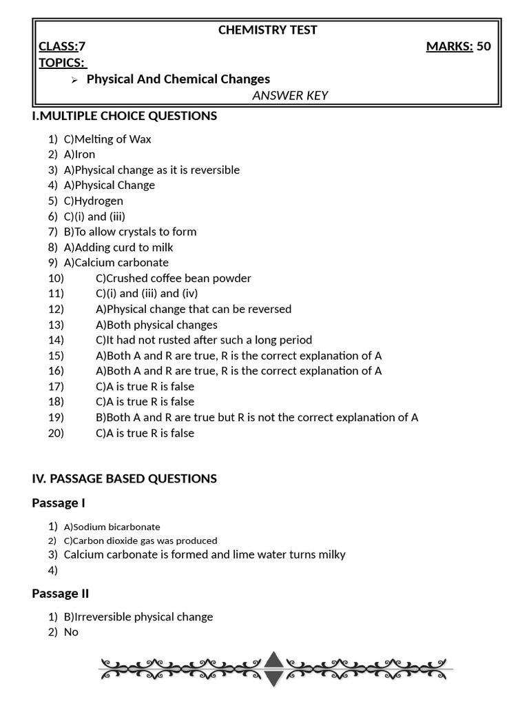 Class 7 Physical and Chemical Changes Answerkey | PDF