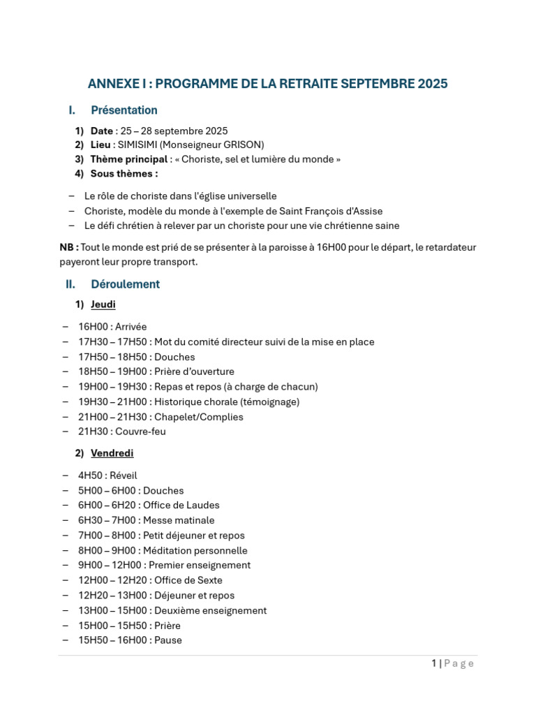 Programme de la Retraite Septembre 2025 | PDF | Culte | Prière