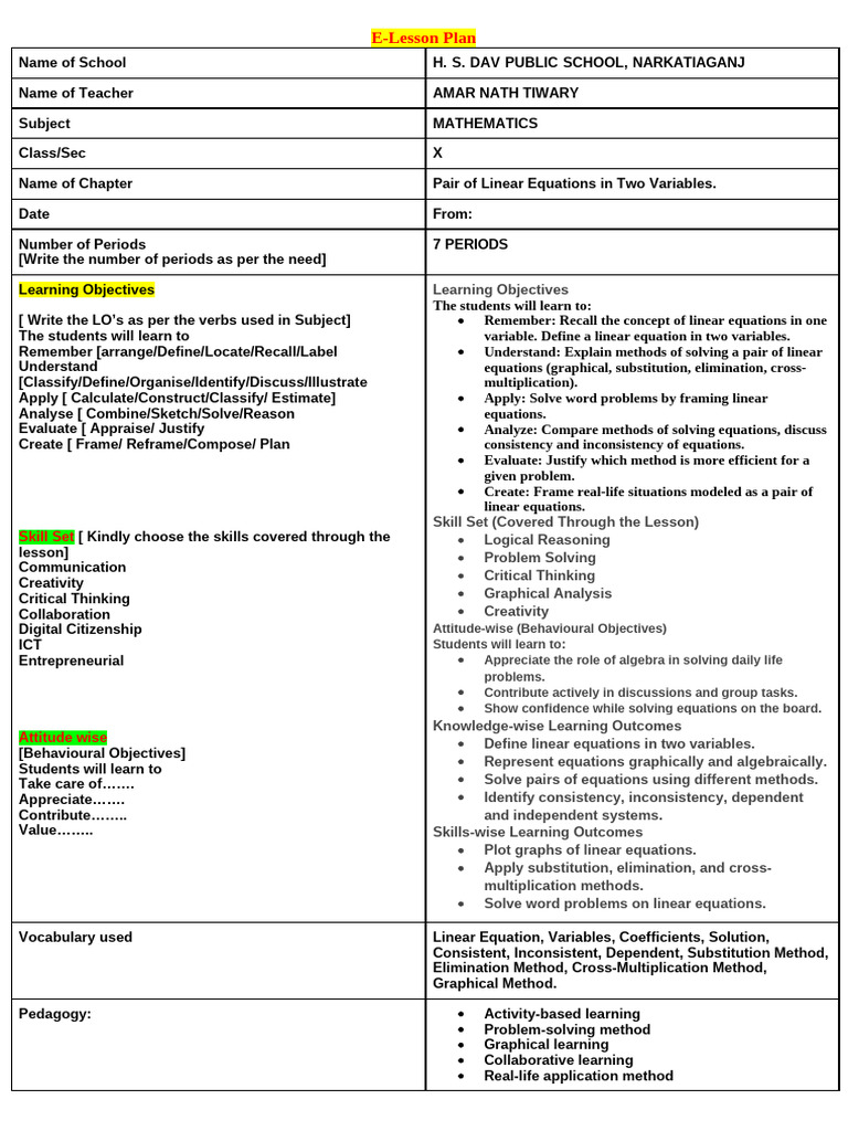 Grade 10 Linear Equations Lesson Plan | PDF | Equations | Learning