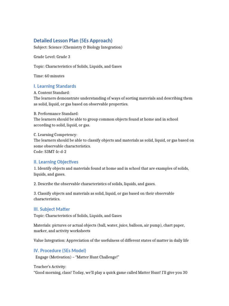 States of Matter Lesson Plan for Grade 3 | PDF | Gases | Liquids