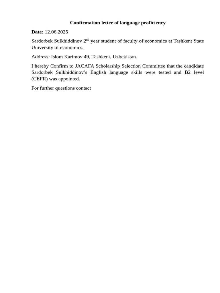 Language Proficiency Confirmation Letter | PDF