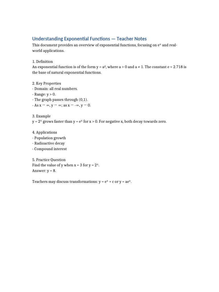Exponential Functions Overview for Teachers | PDF