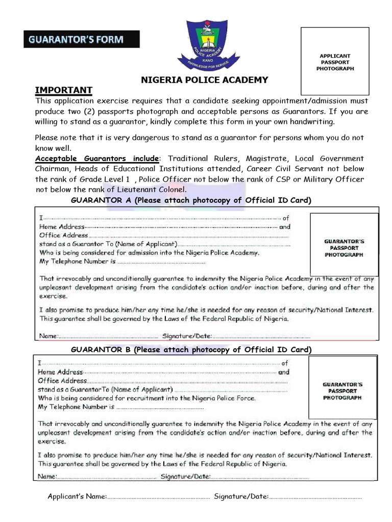 Guarantor Form for Nigeria Police Academy | PDF