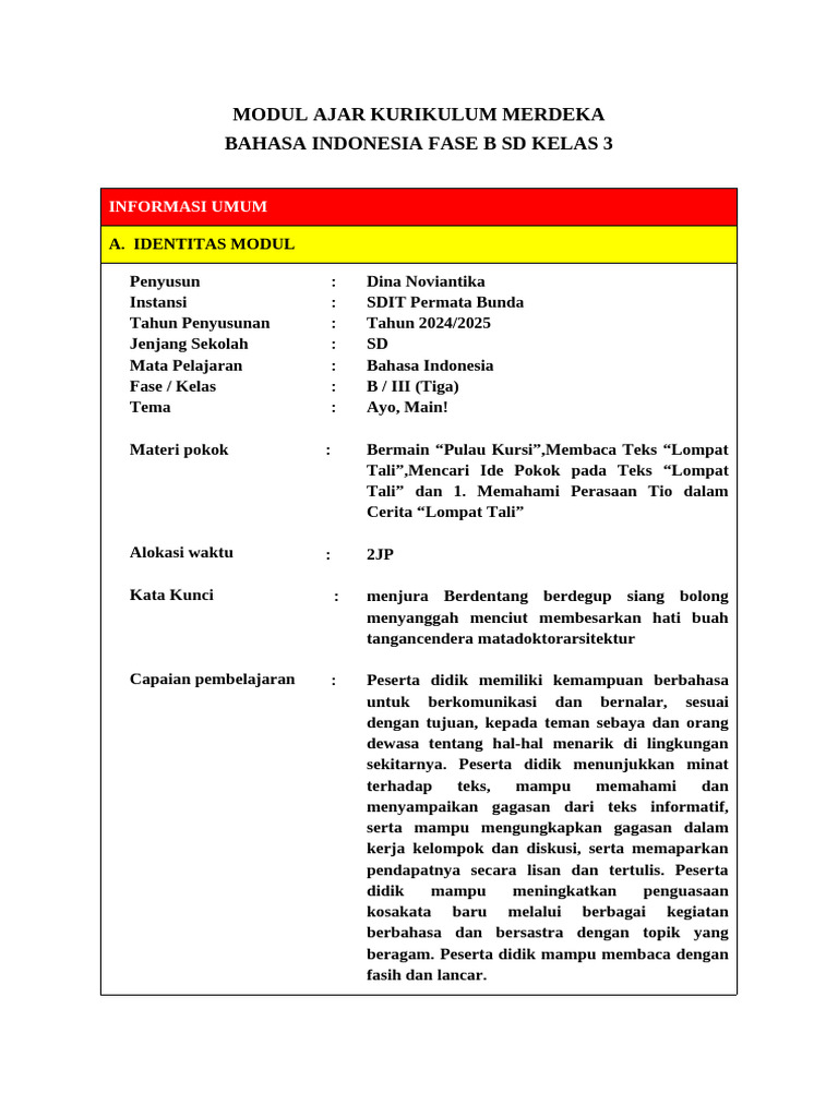 Modul Ajar Bahasa Indonesia Kelas 3 SD | PDF