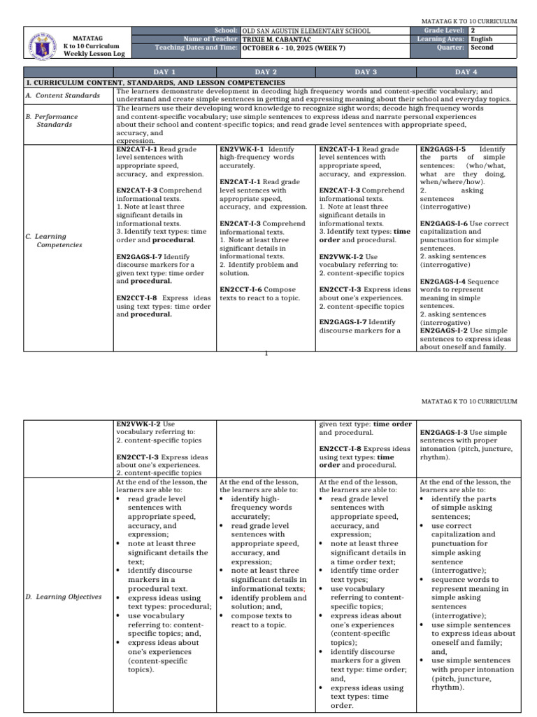 DLL Matatag - English 2 - Q2 - W7 | PDF | Vocabulary | Question