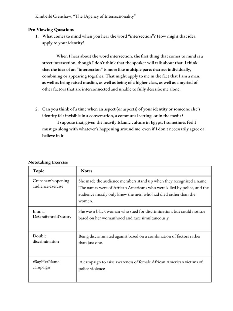 Crenshaw's The Urgency of Intersectionality HW | PDF ...