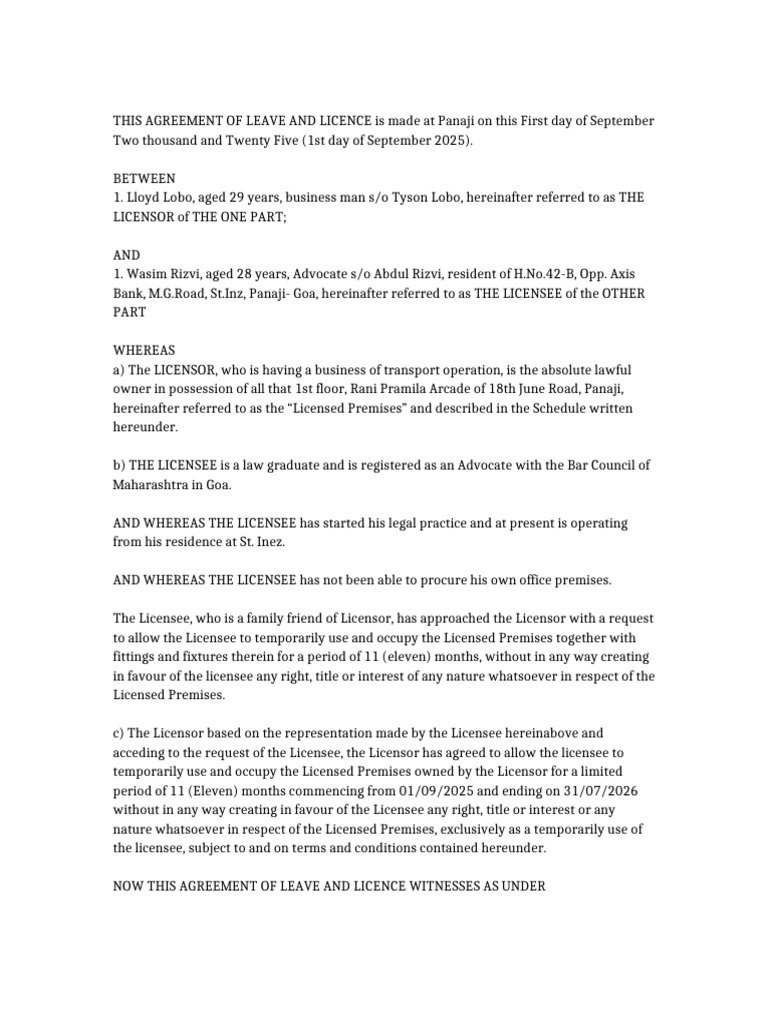 Leave and License Agreement Template | PDF | License | Private Law
