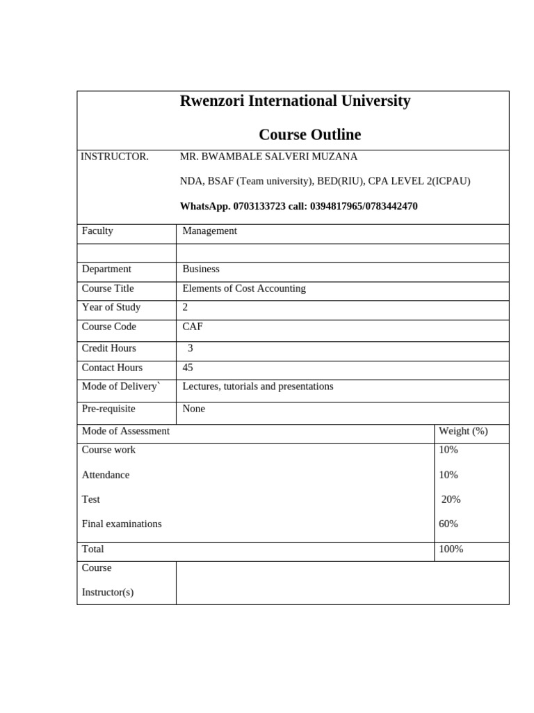 Cost Accounting Course Outline | PDF | Cost Accounting | Expense